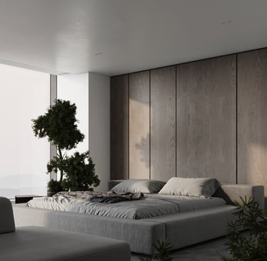 3D rendering of a modern bedroom with a grey bed, wood panel wall, plants, and concrete floor in a minimal design.