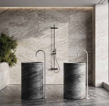 3D rendering of a modern bathroom with stone sinks, curved faucets, marble wall, shower, dark floor, and indoor plant.