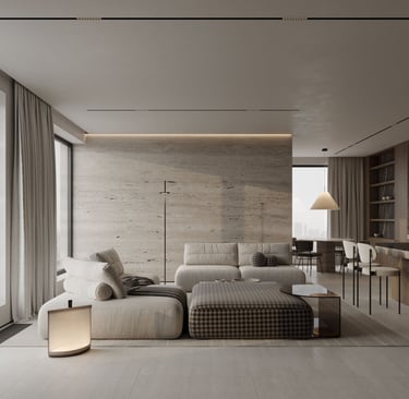 3D rendering of living room with modern furnishings, grid lighting, stone wall, beige accents, stylish and inviting.