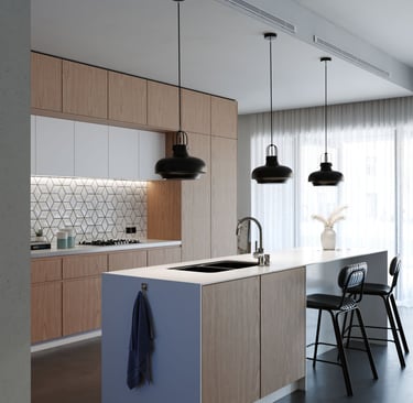 3D rendering of modern kitchen with wooden cabinets, geometric backsplash, island with sink, pendant lights, and bar stools.