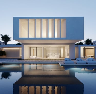 3D rendering of modern villa with minimalist architecture, large windows, clean lines, evening lighting, and sleek design.