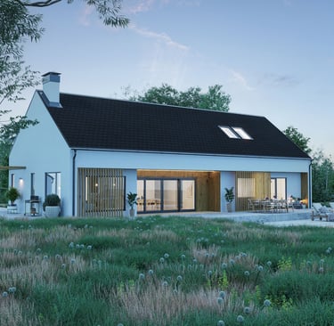 3D rendering of modern house with dark roof, white exterior, large glass doors, wood accents, and lush lawn.