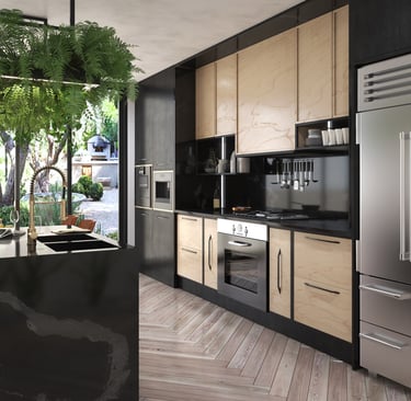 Modern kitchen with light wood cabinetry, sleek black countertop, built-in microwave, and large windows.