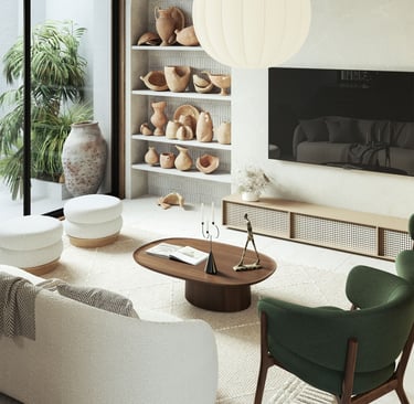 3D rendering of modern living room with neutral and green tones, pendant light, built-in shelves with pottery, and cozy sofa.