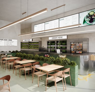 3D interior rendering of a concept salad bar in Dubai with modern design, natural wood and planters. Created by VISUALISE.