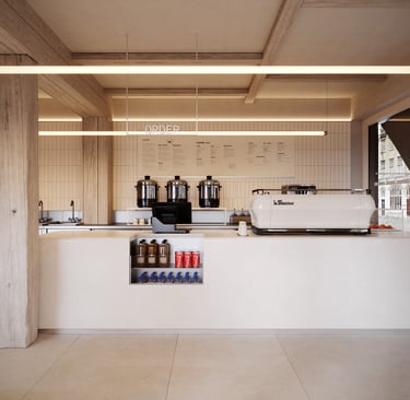 3D interior rendering of Mowchi café in UK, with light counters, neutral palette, menu boards. Created by VISUALISE.