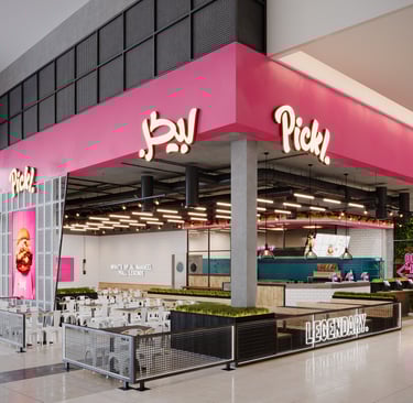Exterior 3D Rendering of Pickl fast-food branch with pink branding. Created by VISUALISE 3D Rendering Services.