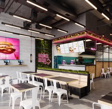 3D Rendering of Pickl Uwalk branch with concrete floors, metal chairs, kiosks, and pink signage. Created by VISUALISE.
