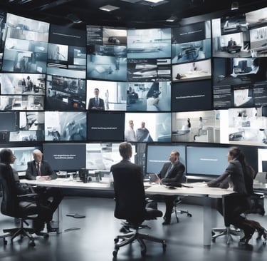 a group of people sitting at a table with multiple monitors and monitors