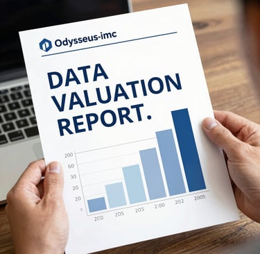 A person holding a printed Data Valuation Report with a blue bar chart showing growth trends over time.