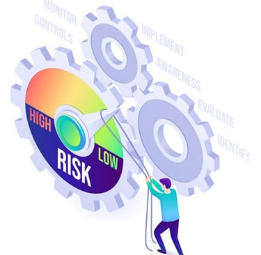 Isometric illustration of a professional managing risk assessment gears to improve business performance.