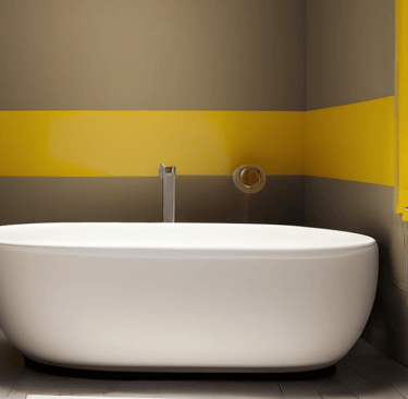 a bathtub with yellow and white wallpaper