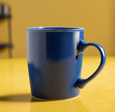 a blue mug on a yellow table