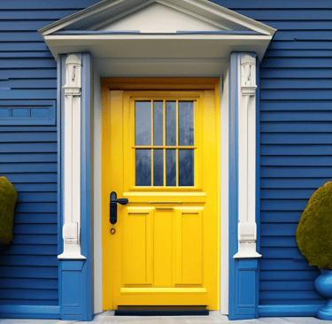 a yellow door with a blue and white door