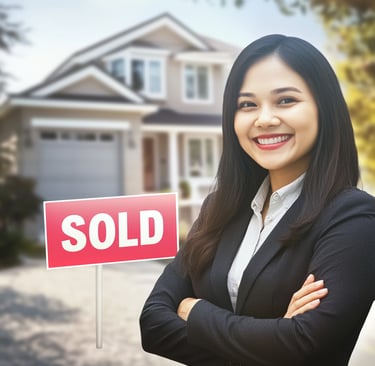 Happy real estate agent in front of sold home