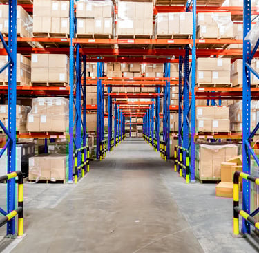 runs of pallet racking with bridge bays for forklift access