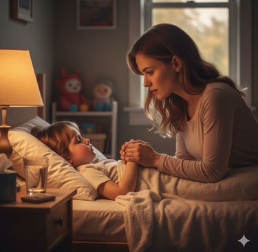 A mother caring for her child during illness, representing lifelong devotion and love.