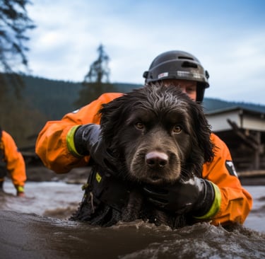 a dog is being held by a firefighter during disaster