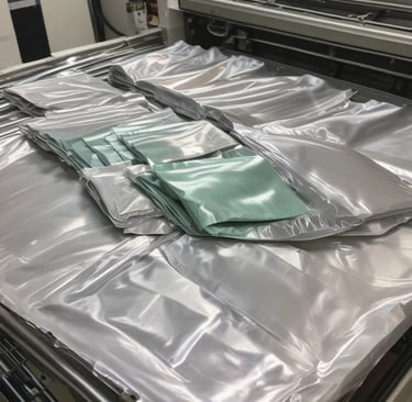 A hand holds two small plastic packages containing a product with labeling. The background shows foliage and a cloudy sky.