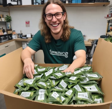 Several large plastic bags filled with what appears to be buds, possibly of a plant or herb, are arranged on a table. Next to the bags, there is a transparent bottle with a label, and in the background, glass jars and other containers can be seen.