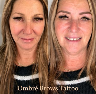 Before and after comparison of a woman's ombre powder brows cosmetic tattoo treatment.