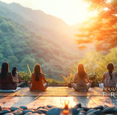 a group of women meditating in a beautiful, serene locale in the forest mountains