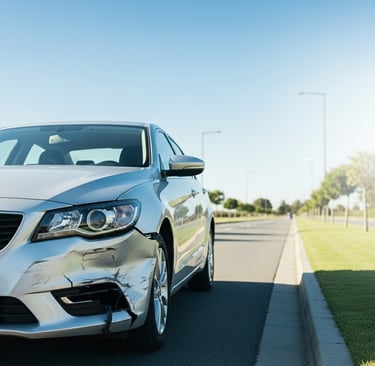 a silver car with a damaged front bumper and a damaged front bumper