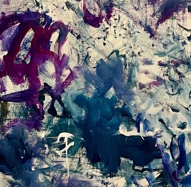 closeup image of a teal, purple and blue with tan background large painting