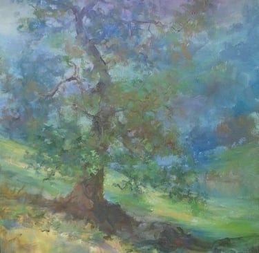 tree with a twisted trunk and dappled light oil painting