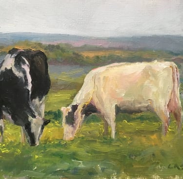 a painting of two cows grazing in a field