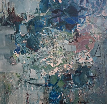 tactile acrylic painting with predominant blues in large square format