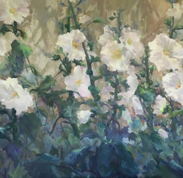 aoil painting of white hollyhocks growing on a wall