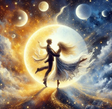 a couple dancing in the moonlight at night