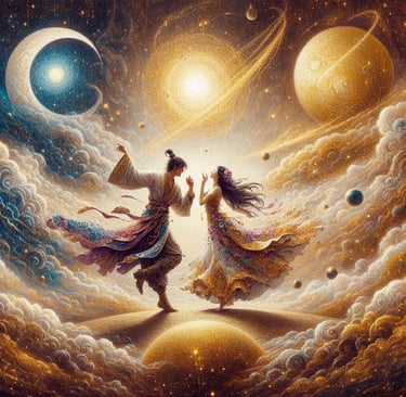 a couple dancing in the sky with a moon in the background