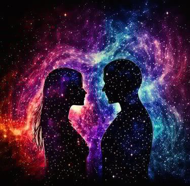 a couple standing in front of a colorful galaxy like background