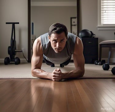 Pessoa fazendo prancha abdominal em casa.
