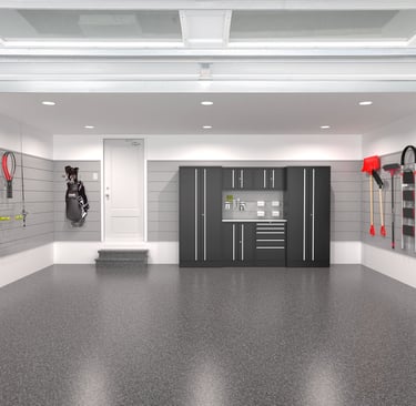 Garage with flake epoxy walls are covered with slatwall