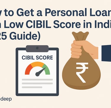 Infographic showing steps to get a personal loan in India with a low CIBIL score and best lenders in 2025
