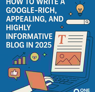 Illustration of a person blogging with SEO and content icons, titled “How to Write a Google-Rich Blog in 2025.”