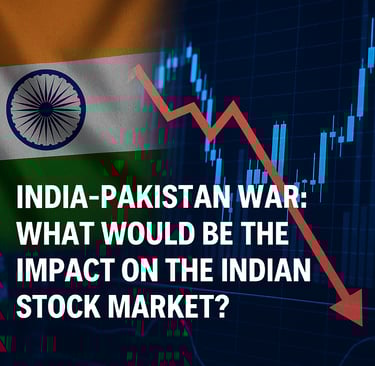 A digital composite graphic illustrating the potential financial market impact of a hypothetical India-Pakistan war