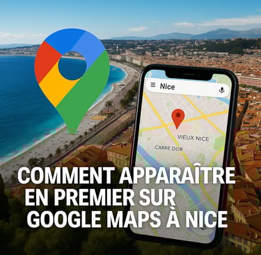 Google Maps affiché sur smartphone devant la ville de Nice, illustrant le référencement local.