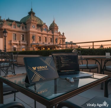 Terrasse luxueuse à Monaco avec vue latérale sur le Casino de Monte-Carlo, symbolisant l'excellence 