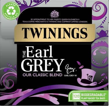 Twinings Earl Grey Tea box containing 120 biodegradable plant-based tea bags in a classic black and purple pack.