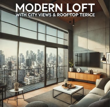 a living room with a large window and a view of the city