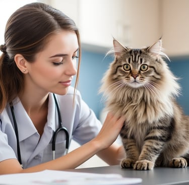 a veterinarian in a lab coat and a cat