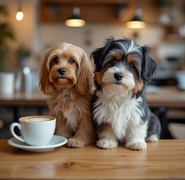 two dogs sitting on a table with a cup of coffee in a pet friendly cafe