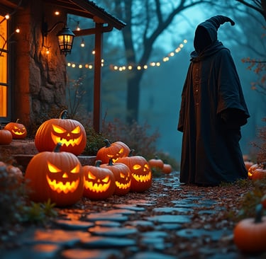 a person in a black robe and a black robe standing in front of a house