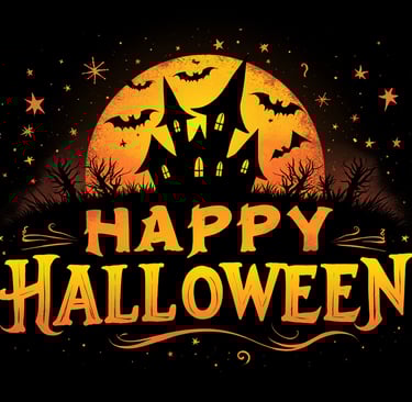 a halloween themed happy halloween night scene with a castle like castle