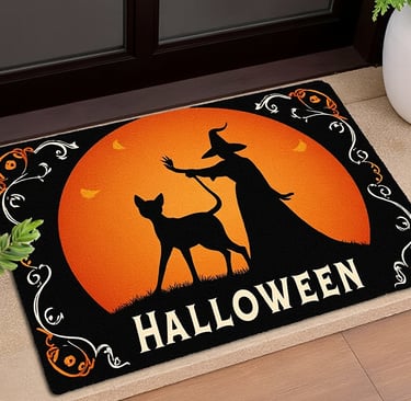a halloween themed doormatch with a witch and a cat
