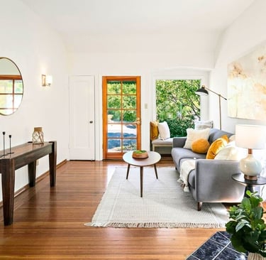 midcentury modern style home staging of living room with table and couch